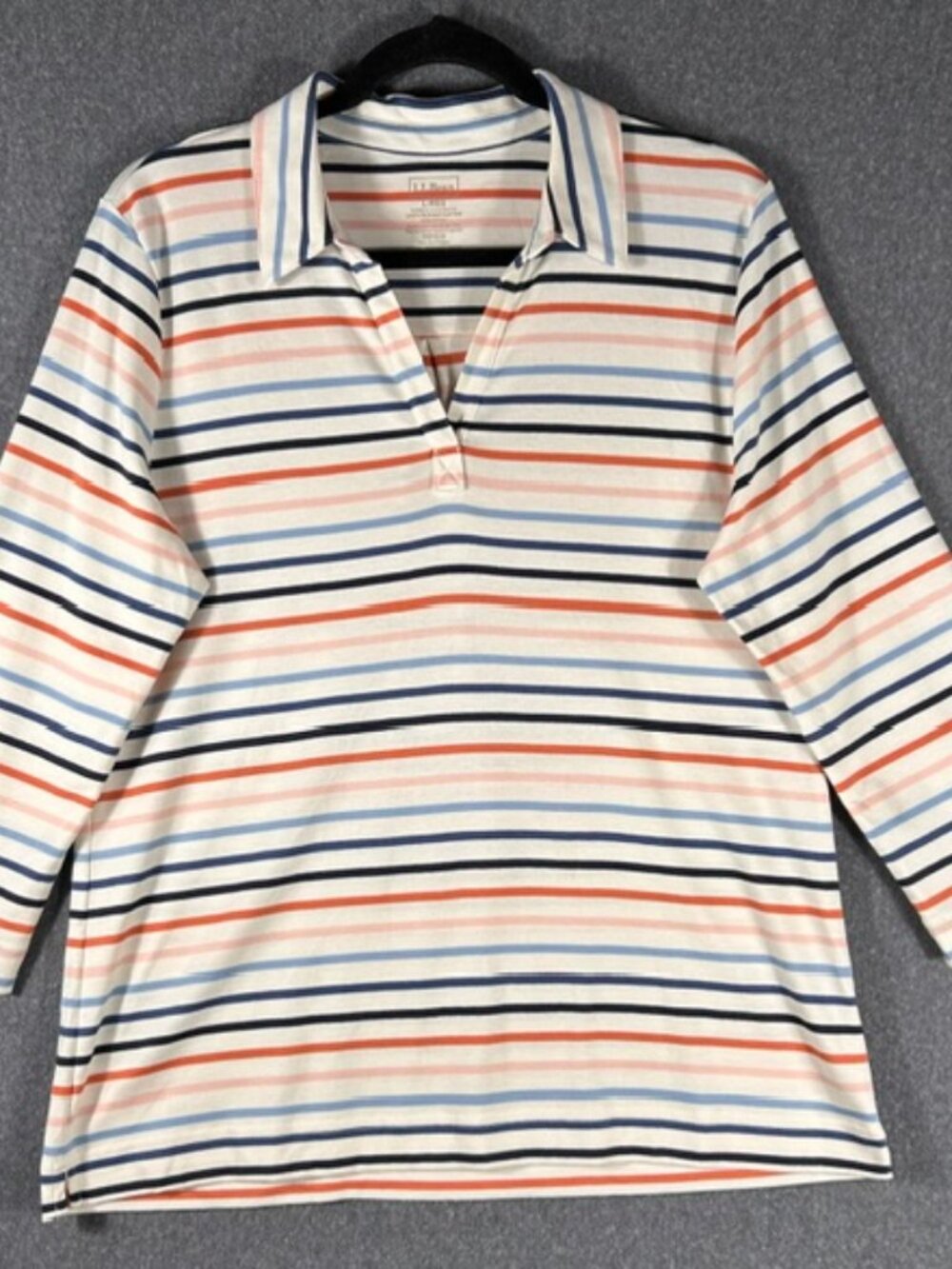 LL Bean 3/4 Sleeve Polo Womens Sz Large White Multicolored Striped Pima Cotton